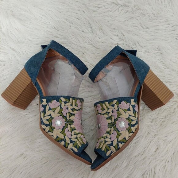 Dolce Mojo Moxy Denim Floral Boho Embroidered Heeled Sandals Shoes Open Toe 10M - Picture 6 of 10